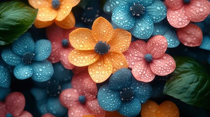 Dew Drops on Colorful Flowers