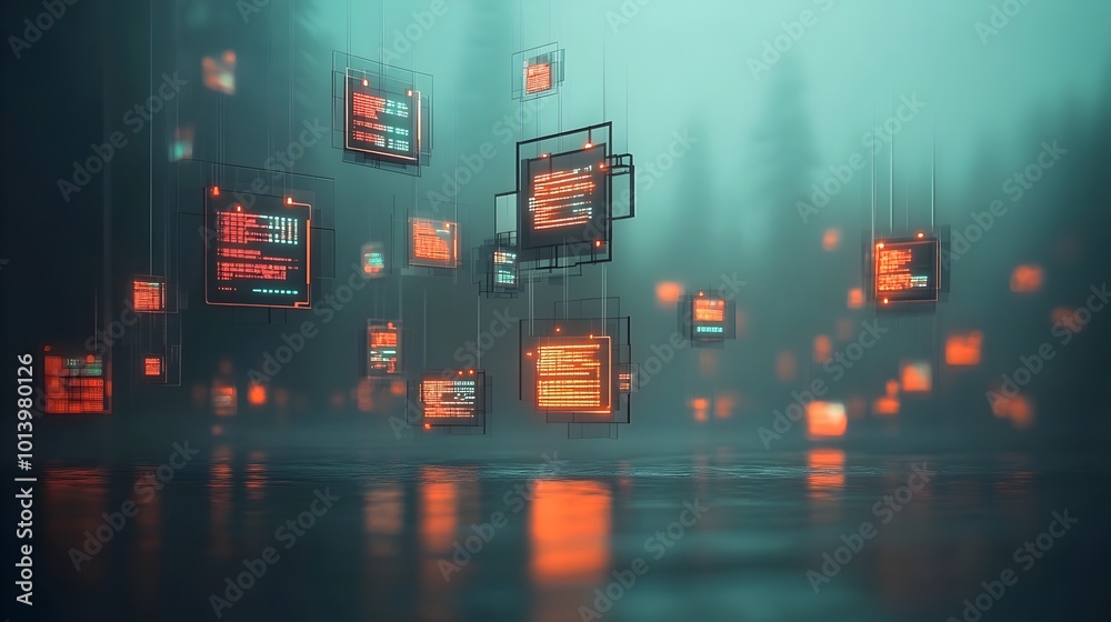 Poster futuristic digital landscape featuring floating data cubes glowing wireframe structures and advanced