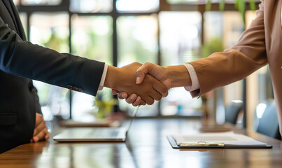 business people shaking hands in front of office