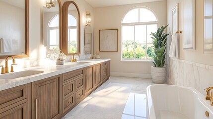Modern bathroom with wooden cabinets, dual sinks, and arched mirrors on a light background