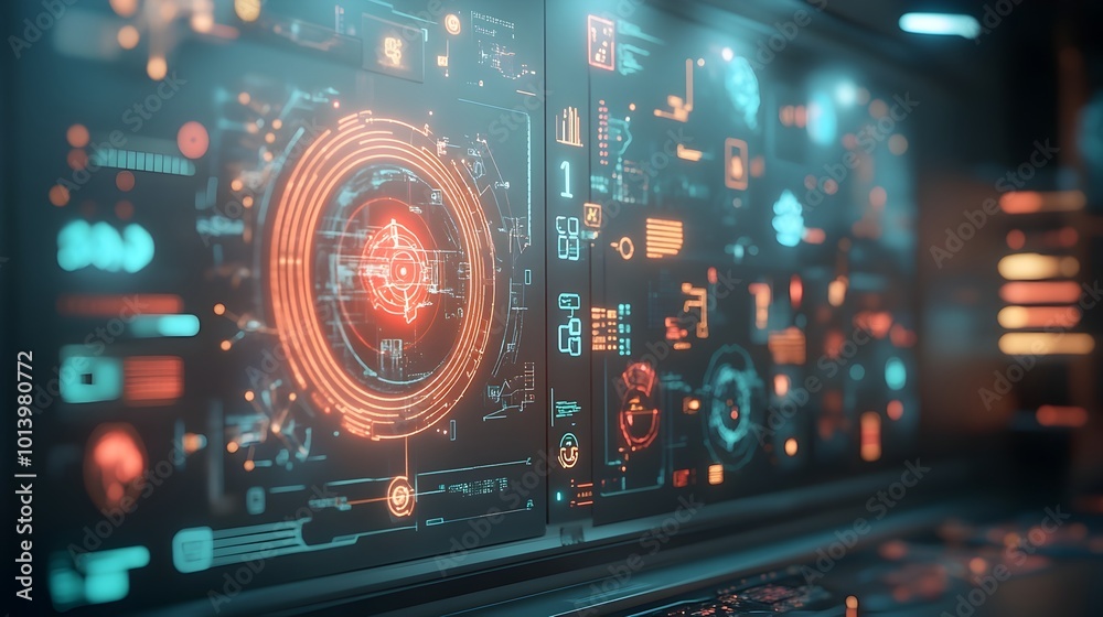 Poster immersive futuristic digital environment with sleek intricate holographic projections advanced contr