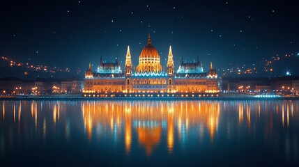 Fototapeta premium Hungarian Parliament Building Illuminated at Night with Reflections in the Danube River
