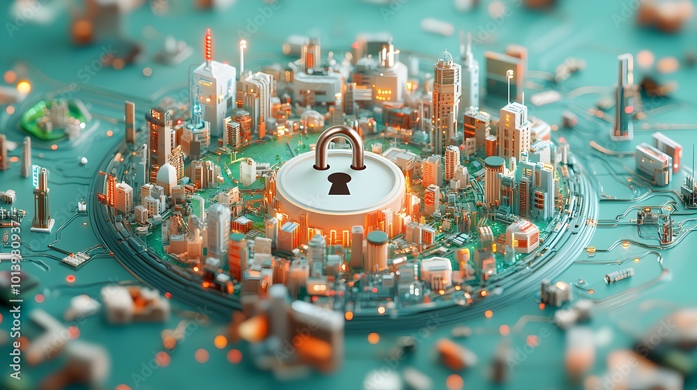 Poster secure digital ecosystem with futuristic padlock and intricate technological elements a minimalist a