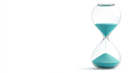 Hourglass with turquoise sand on white background.