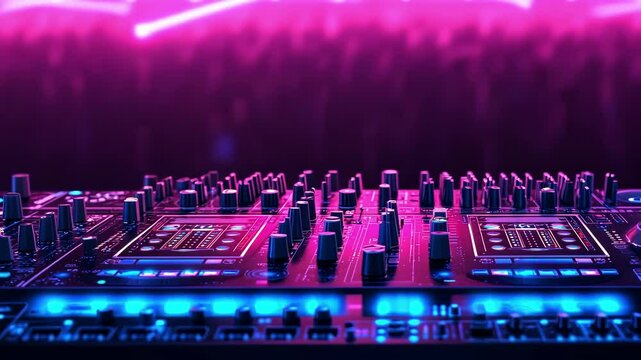 Vibrant dj mixer with neon lights at an energetic nightclub party
