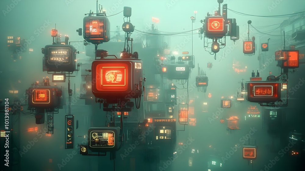 Poster futuristic digital terrain with floating holographic constructs pulsing energy fields and advanced t