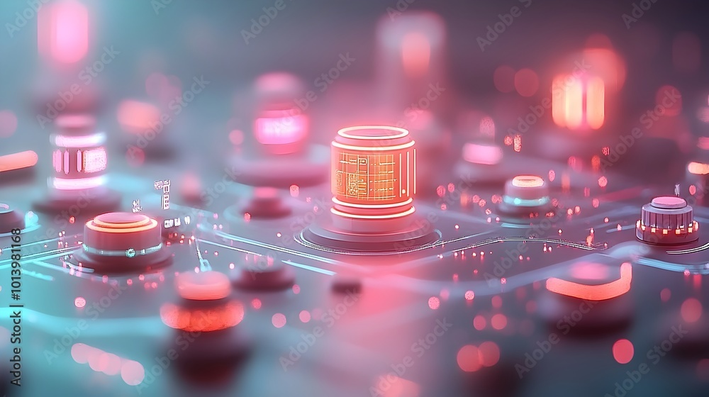 Poster futuristic digital terrain showcasing floating holographic constructs pulsing energy fields and adva