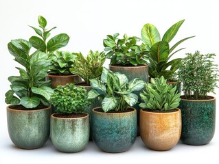 collection of diverse houseplants displayed in stylish ceramic pots against a white background highlighting the beauty of greenery and home gardening in a modern setting