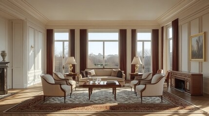Fototapeta premium A spacious living room with large windows, a fireplace, and a comfortable seating area.
