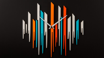 Colorful abstract wall clock with wristwatch and open mechanism on black background.