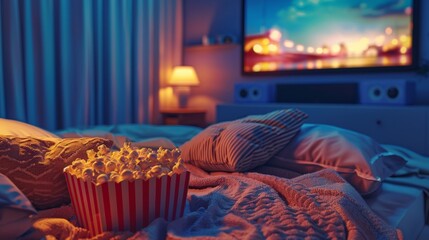 A comfortable bed with fluffy blankets, a bowl of popcorn, and a brightly lit television showing a movie in the background. Generative AI