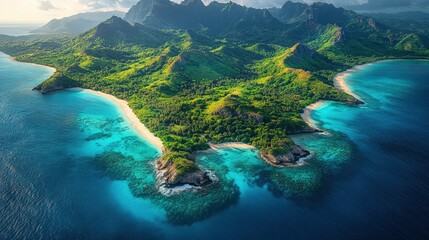 Tropical Island with Lush Green Mountains and Pristine Beaches