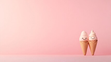 cute ice cream cones with smiling faces on a pink background