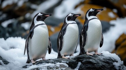 Obraz premium Three Penguins Standing on Rocks in Snowy Landscape