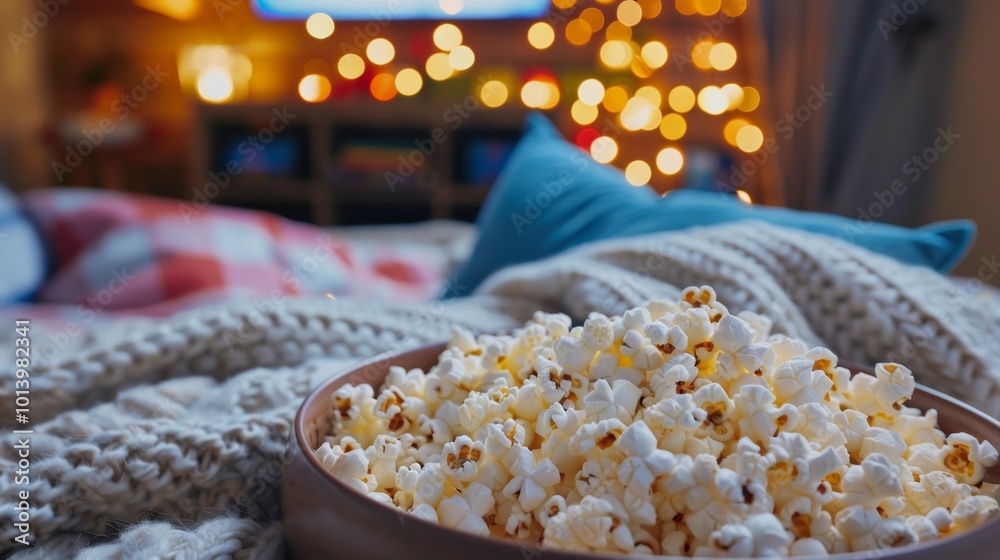 Poster a bowl of popcorn rests on a cozy blanket while soft lights twinkle in a living room, inviting a rel