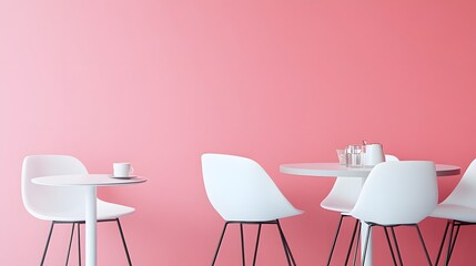 Modern cafe with round tables and white chairs, designed with a minimalist approach and a pink wall background
