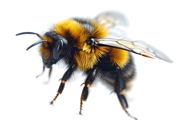 Detailed Close-Up of a Bumblebee in Flight on White Background