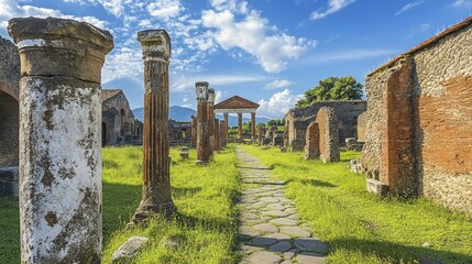 A stone path lined with ancient columns leads through the ruins of Pompeii, a historic city preserved by volcanic ash, with a temple visible in the distance.