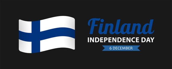 Finland Independence Day, simple minimalist web banner design. Text Finland Independence Day, 6 december and Finnish flag on black background.