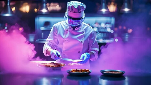 Futuristic chef robot creating culinary art with neon smoke and precision cooking