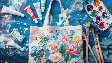 hand-painted floral tote bag lying on an artist's workspace