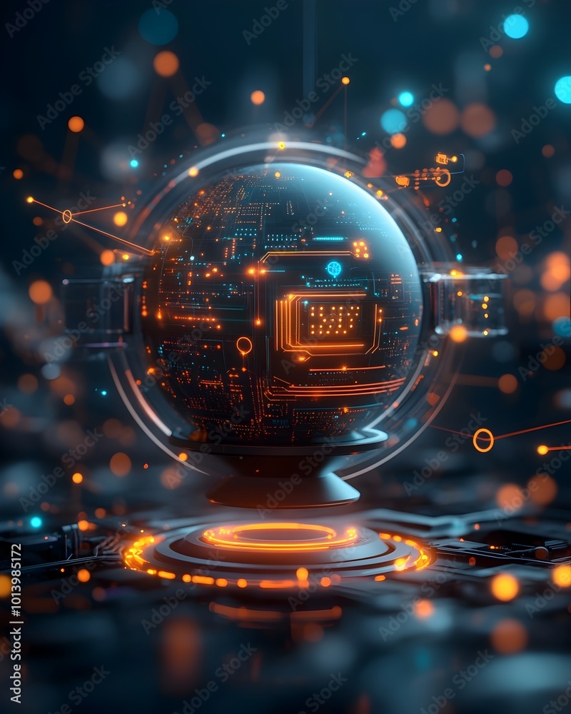 Poster locked techno sphere representing global data security and surveillance floating above a vivid futur