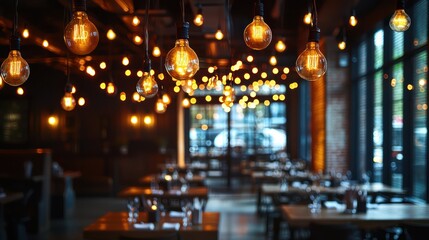 An industrial-style restaurant with vintage bulbs strung across the ceiling, offering a warm, inviting glow to diners