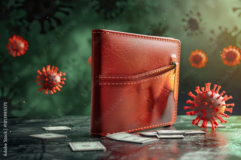 Poster a wallet sits empty with scattered cash on a surface, representing financial hardship from the econo