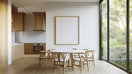 Fototapeta premium Modern dining room with a round table and chairs, large windows, and a minimalistic kitchen, featuring an empty frame on the wall, perfect for adding posters
