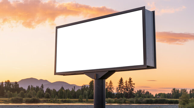 An empty huge poster mockup on the roof of a mall, white template placeholder of an advertising billboard on the rooftop of a modern building framed by trees