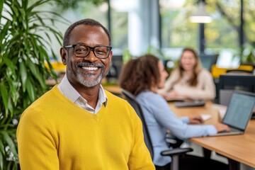 Obraz premium Businessman enjoying lunch break in office lounge chatting with colleagues
