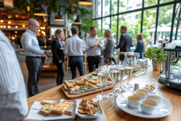 During a conference, many business people wear suits and are taking food and drinking wine while talking to one another in the canteen
