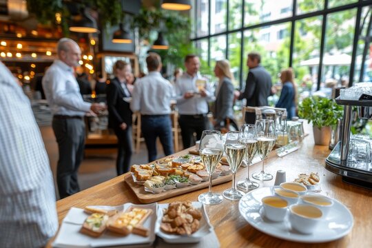 During a conference, many business people wear suits and are taking food and drinking wine while talking to one another in the canteen