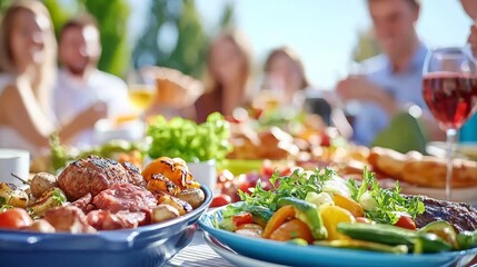 Fototapeta premium Happy friends having a backyard barbecue - I enjoy my lunch break with my family and eat fresh food in my backyard - Food and beverage lifestyle concept.