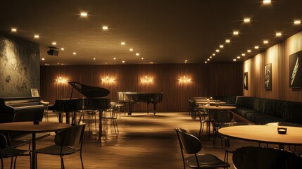 An underground jazz club with soft, recessed lighting in the ceiling that provides a subtle glow, perfect for setting a moody, intimate vibe