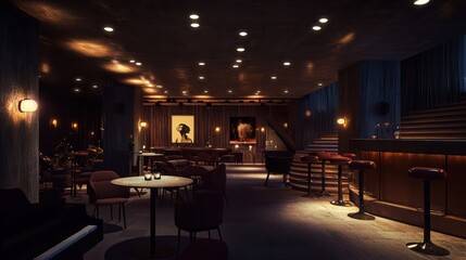 An underground jazz club with soft, recessed lighting in the ceiling that provides a subtle glow, perfect for setting a moody, intimate vibe