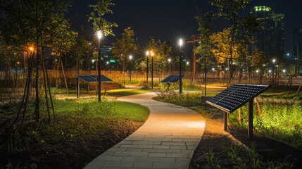 Obraz premium An urban park at night, lit by eco-friendly solar-powered lights that ensure pathways are safe and inviting