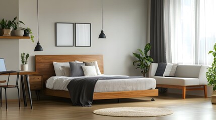 Modern home bedroom interior with a designated workspace, bed, and couch situated near a window, blending style with functionality for a comfortable living environment