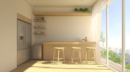 Fototapeta premium Modern home kitchen interior with a bar counter, fridge, and window, showcasing a clean design