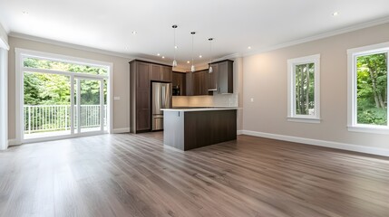 Modern home kitchen interior with a bar counter, fridge, and window, showcasing a clean design