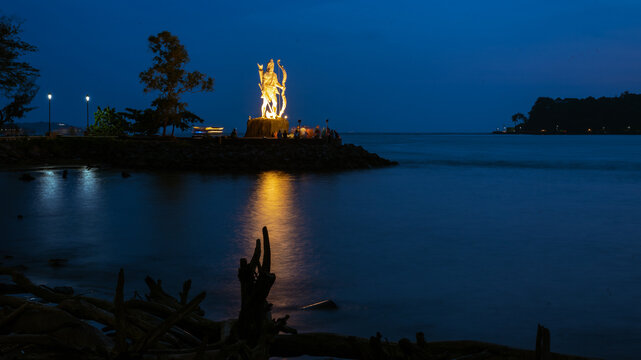 View of the newly built Yog Kshetra Promenade for Pedestrian at Panaji Goa, India at dusk