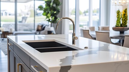 Modern home kitchen interior with a bar counter, fridge, and window, showcasing a clean design