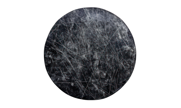  Scratched metal disk isolated on transparent background. Industrial texture for design and print.
