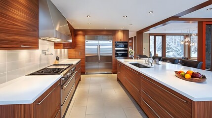 Modern home kitchen with sleek cooking cabinets and a refrigerator, complemented by a stylish tile floor