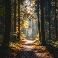 Obraz premium Enchanted Autumn forrest in the early morning. The sun is shining through the old foilage 2048 x 2048