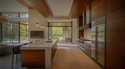 Modern home kitchen with sleek cooking cabinets and a refrigerator, complemented by a stylish tile floor