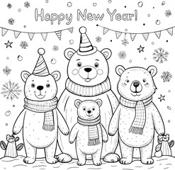 a drawing of bears with a ribbon and a banner that says Happy New Year coloring art page