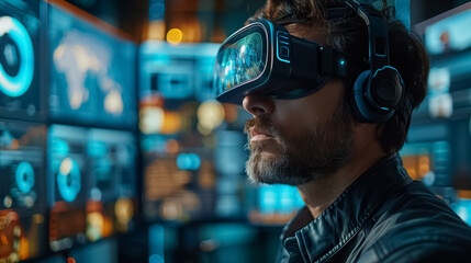 Office Scene Man Wearing VR Glasses and Engaging with Interactive Augmented Reality Screens