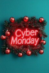 Cyber Monday neon sign surrounded by festive decorations.
