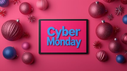 Cyber Monday sales with festive ornaments on a vibrant pink background.